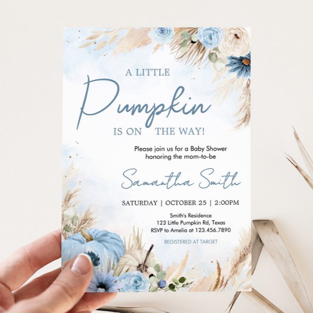 Convites Chá de fraldas Pumpkin de queda de boho azul (Blue Boho Autumn Fall Pumpkin Pampas Grass Baby Shower Invitation)
