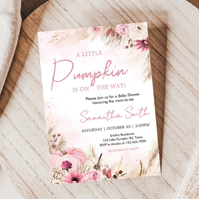 Convites Chá de fraldas Pumpkin de Queda de Boho Rosa (Pink Boho Autumn Fall Pumpkin Pampas Grass Baby Shower Invitation)