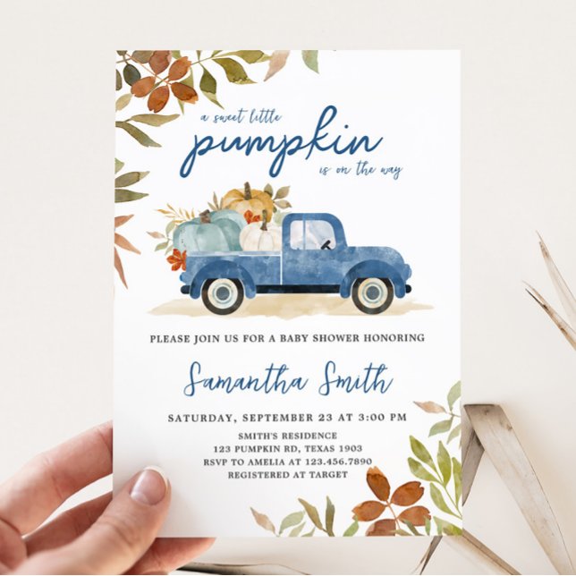 Convites Chá de fraldas Pumpkin de queda de caminhão (Blue Truck Fall Baby Shower Invitation)