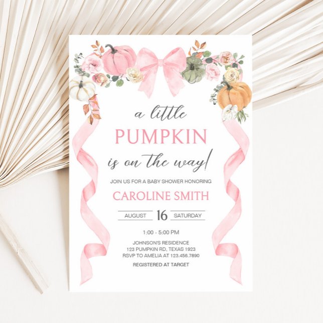 Convites Chá de fraldas Pumpkin do Arco rosa (Pink Bow Little Pumpkin Baby Shower Invitation)