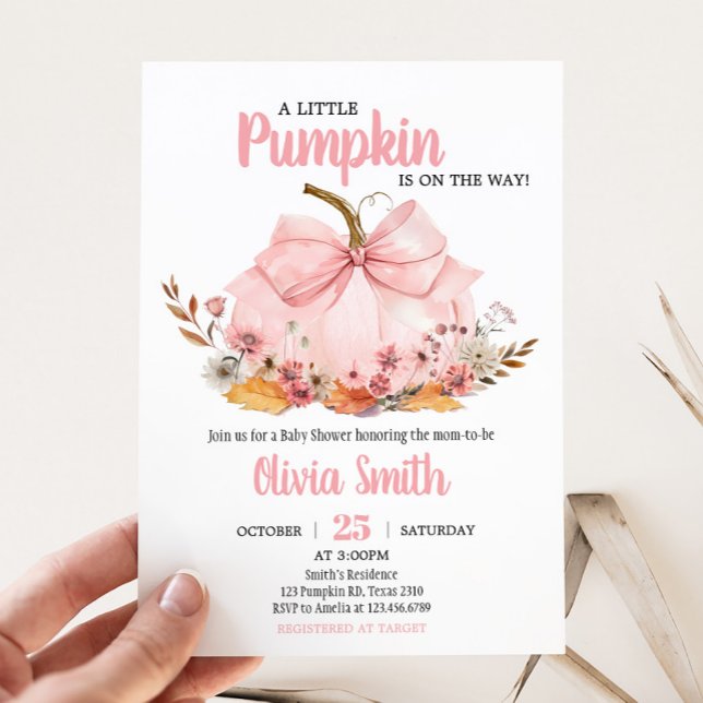 Convites Chá de fraldas Pumpkin do Arco rosa (Girl Bow Pumpkin Baby Shower Invitation)