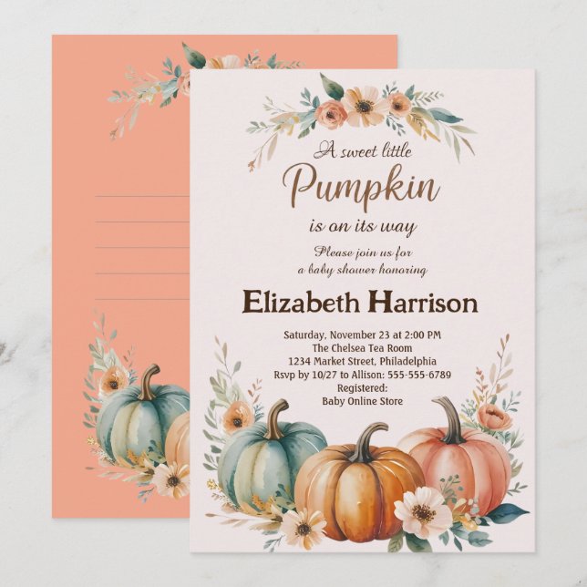 Convites Chá de fraldas Pumpkin personalizável (Frente/Verso)