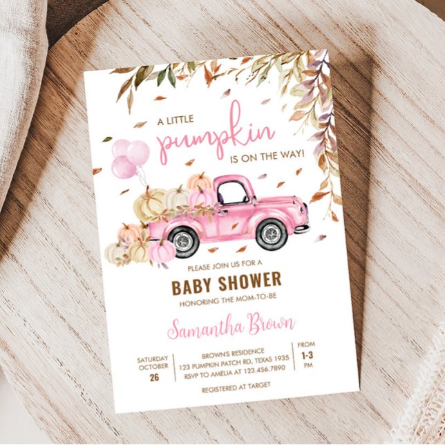 Convites Chá de fraldas Pumpkin Pink (Little Pumpkin Pink Truck Baby Shower Invitation)