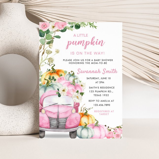 Convites Chá de fraldas Pumpkin Pink Truck (Little Pumpkin Pink Truck Baby Shower Invitation)