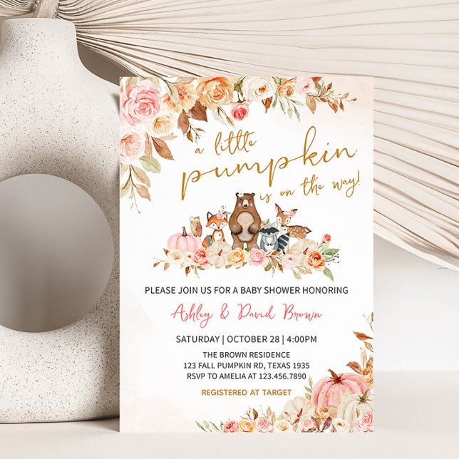 Convites Chá de fraldas Pumpkin Rosa (Girl Fall Pumpkin Baby Shower Invitation)