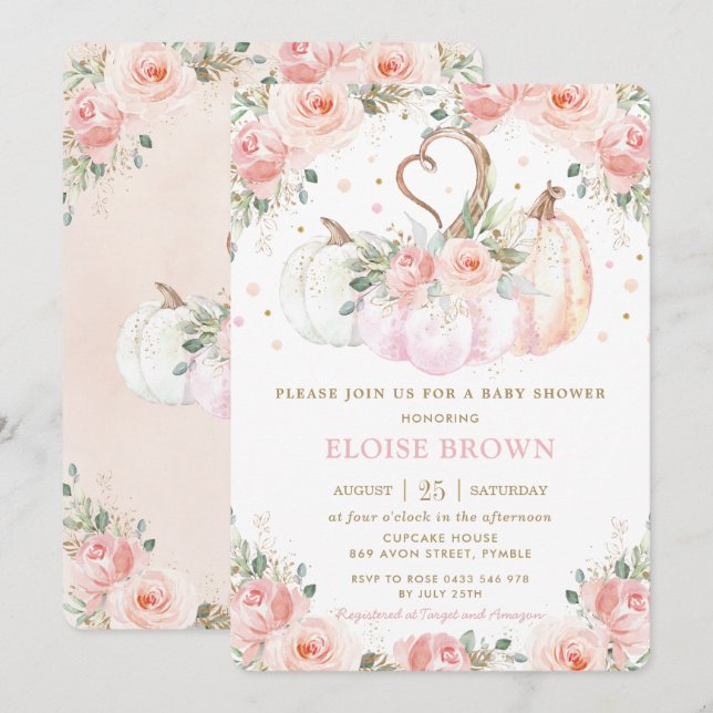 Convites Chá de fraldas Pumpkins Floral Rosa Suave (Frente/Verso)