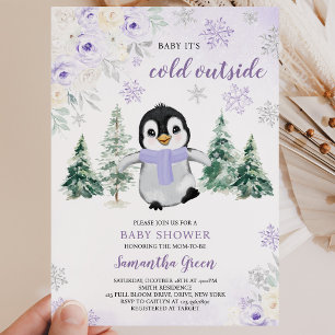 Convites Chá de fraldas Púrpura de Pinguim de inverno