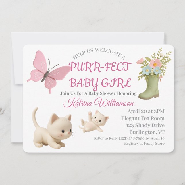 Convites Chá de fraldas Purr-fect Baby Girl Kitten (Frente)