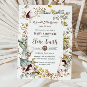 Convites Chá de fraldas QR de coelhos botânicos da Vintage