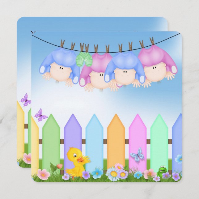 Convites Chá de fraldas Quadruplet (Frente/Verso)