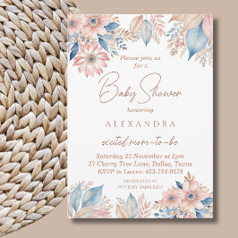 Convites Chá de fraldas Quic Boho Floral Azul Rosa
