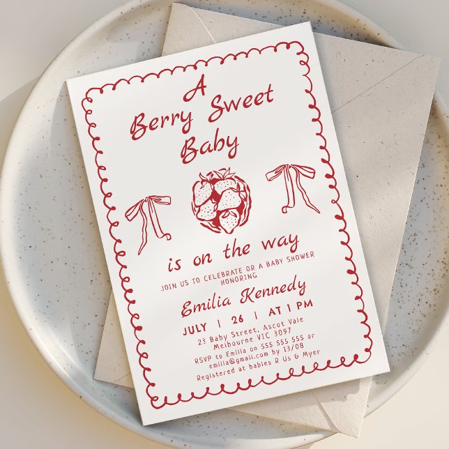 Convites Chá de fraldas Quimsical Red Strawberry Berry Swee (Hand Drawn Berry Baby Shower Invitation Template Red, Whimsical Strawberry Baby Shower Invitation )