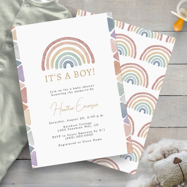 Convites Chá de fraldas Rainbow Boy (Colorful Boho Rainbow Boy Baby Shower Invitation by Painted Paperie
)