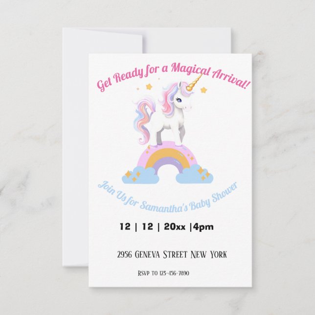 Convites Chá de fraldas Rainbow Unicorn com aquarela mágica (Frente)