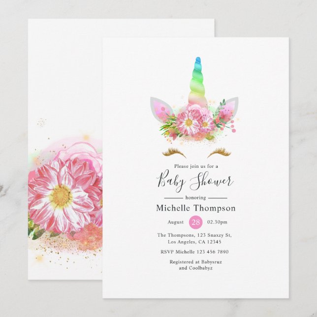 Convites Chá de fraldas Rainbow Unicorn Girl (Frente/Verso)