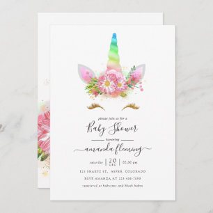 Convites Chá de fraldas Rainbow Unicorn Girl