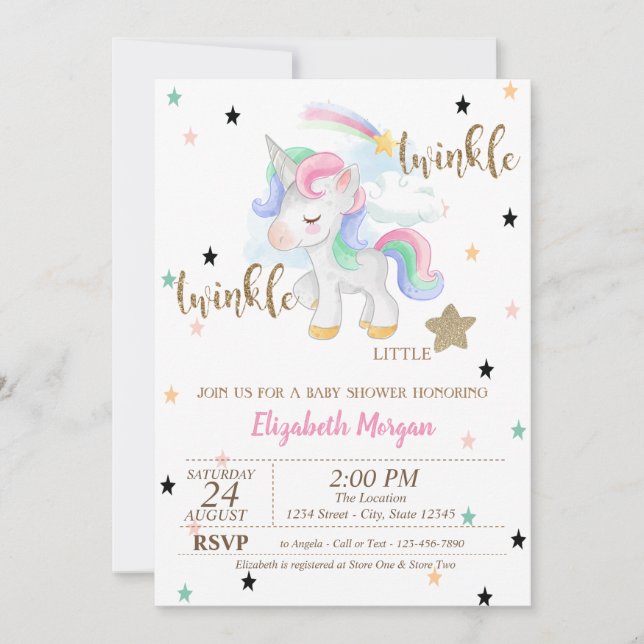 Convites Chá de fraldas Rainbow Unicorn, Twinkle Little Sta (Frente)