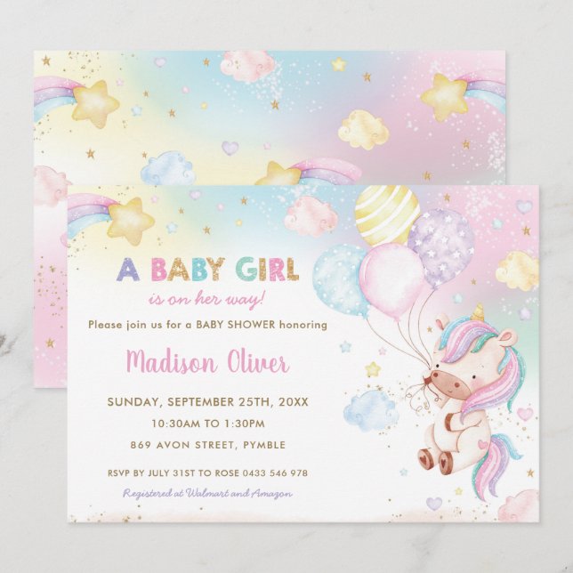 Convites Chá de fraldas Rainbow Whimsical Unicorn Balloons (Frente/Verso)