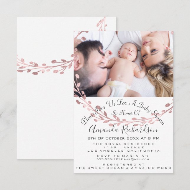 Convites Chá de fraldas Rapariga Foto White Rose Wreath (Frente/Verso)