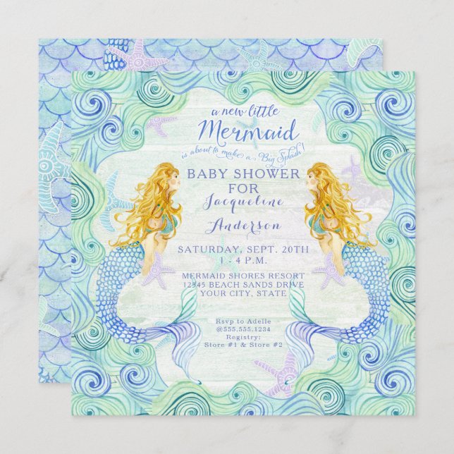 Convites Chá de fraldas Rapariga Sereia Waves Aquáticas Ond (Frente/Verso)