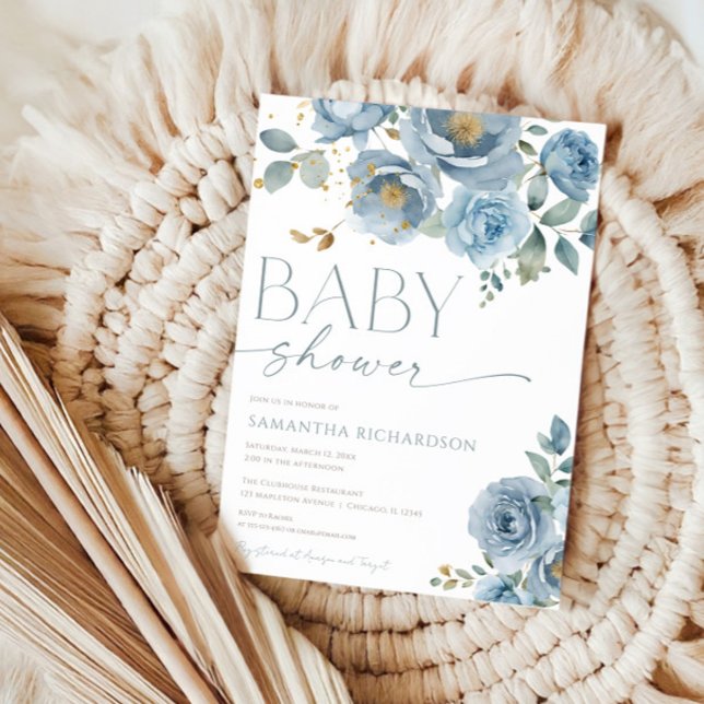 Convites Chá de fraldas-rapaz rosa floral elegante, azul-Du (Criador carregado)