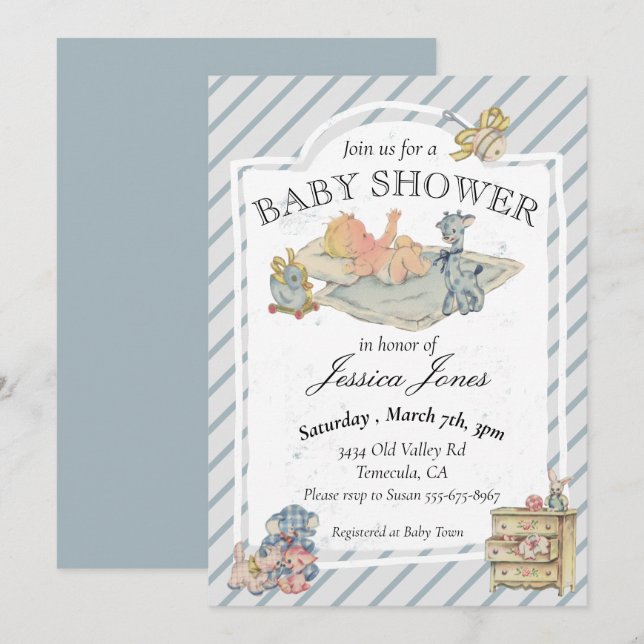 Convites Chá de fraldas Rapaz Vintage Animais Enchidos (Frente/Verso)