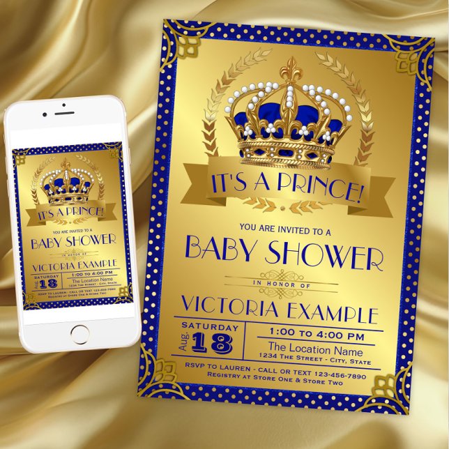 Convites Chá de fraldas Real Azul Dourado Príncipe rico (Fancy Royal Blue Gold Prince Baby Shower Invitation. Download and printed invitations available.)