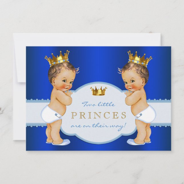 Convites Chá de fraldas Real Blue Prince Twin Boy (Frente)