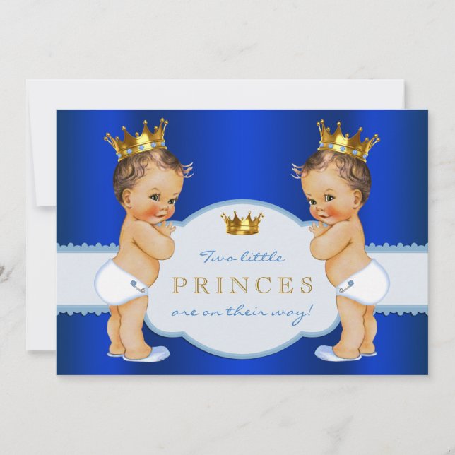 Convites Chá de fraldas Real Blue Prince Twin Boy (Frente)
