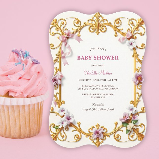 Convites Chá de fraldas Real Dourado de Garota Floral Rosa- (Royal Gold Rococo Pink Floral Girl Baby Shower Invitation)