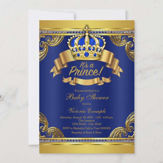 Convites Chá de fraldas Real Príncipe Azul Dourado (Frente)