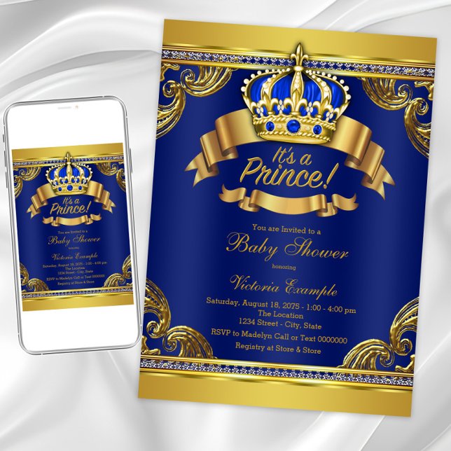 Convites Chá de fraldas Real Príncipe Azul Dourado (Royal blue gold prince baby shower invitation. Instant download and printed invitations available.)