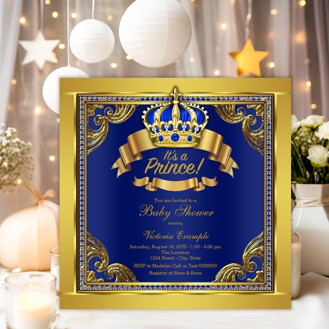 Convites Chá de fraldas Real Príncipe Azul Dourado (Elegant royal blue and gold prince baby shower invitation. Simply add you recent details.)