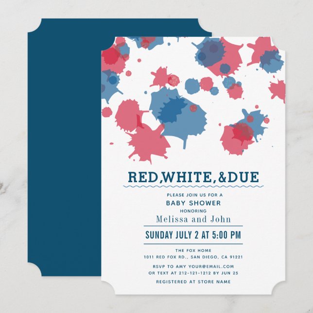 Convites chá de fraldas Red & Blue Splatters de 4 de julho (Frente/Verso)