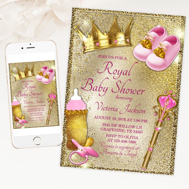 Convites Chá de fraldas rico Princesa Rosa Dourada (Pink gold royal baby shower invitation with cute princess things on a beautiful gold background.)