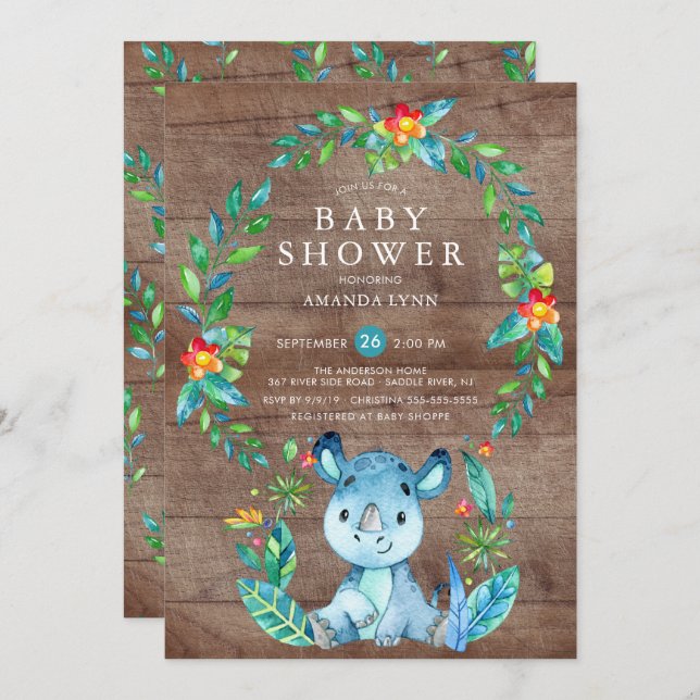 Convites Chá de fraldas Rinoceronte Azul da Selva Rústica (Frente/Verso)