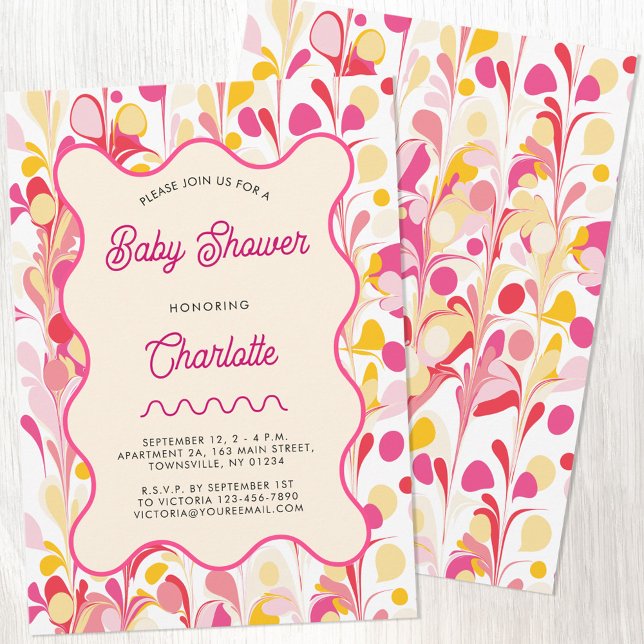 Convites Chá de fraldas Rosa Abstrato Moderno (Modern retro pink and yellow abstract wavy baby shower invitation with custom personalized text)