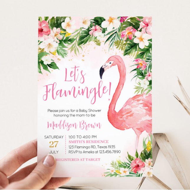 Convites Chá de fraldas Rosa Aloha Flamingo (Girl Floral Flamingle Baby Shower Invitation)