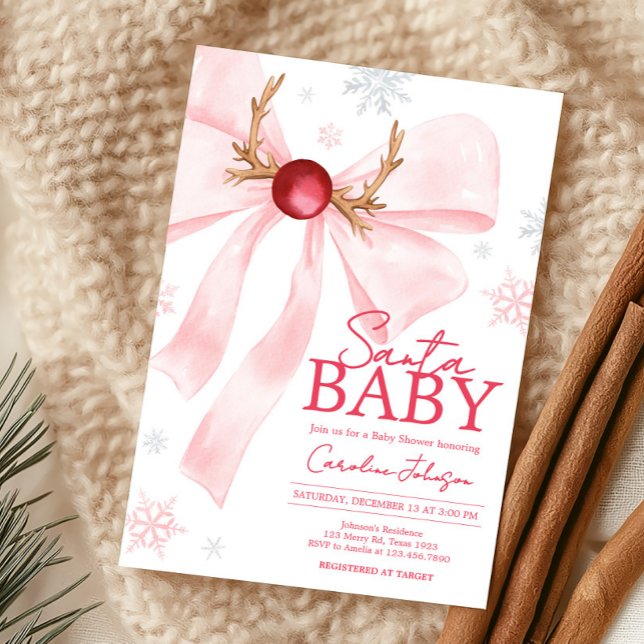 Convites Chá de fraldas Rosa Arco Flocos de Neve (Coquette Pink Bow Santa Baby Christmas Baby Shower Invitation)