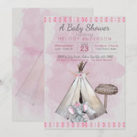 Chá de fraldas rosa Boho Baby Elephant & Tipi