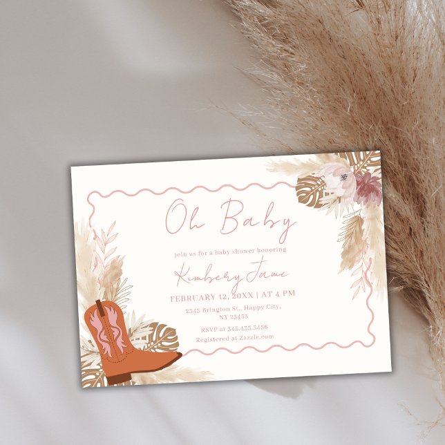 Convites Chá de fraldas Rosa Boho Boots Pampas Grass (Pink Boho Cowgirl Boots Pampas Grass Baby Shower Invitation)