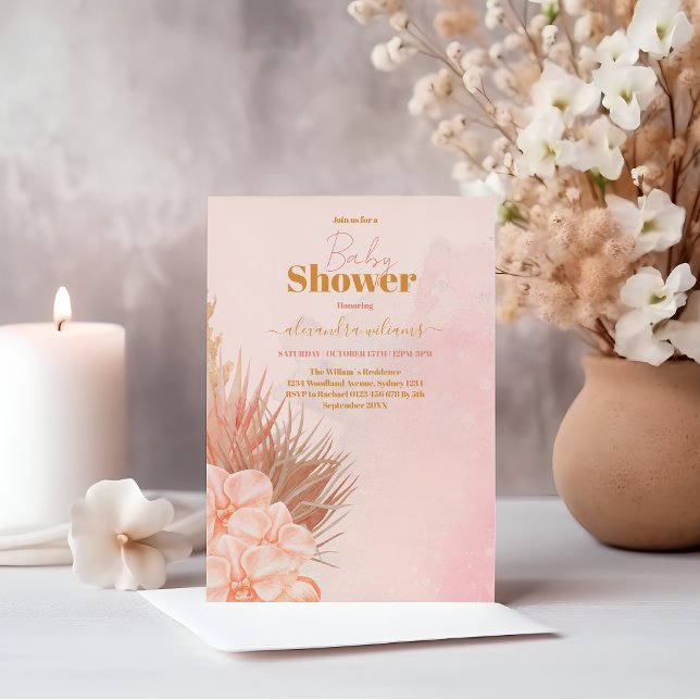 Convites Chá de fraldas Rosa Boho Pampas Grass Girl (Criador carregado)