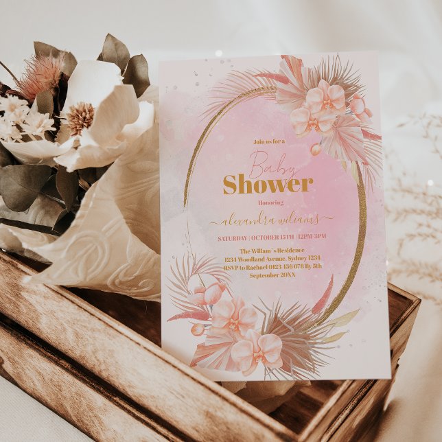 Convites Chá de fraldas Rosa Boho Pampas Grass Girl (Criador carregado)