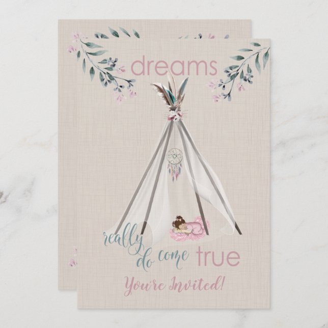 Convites Chá de fraldas Rosa Boho Tipi DreamCatcher (Frente/Verso)