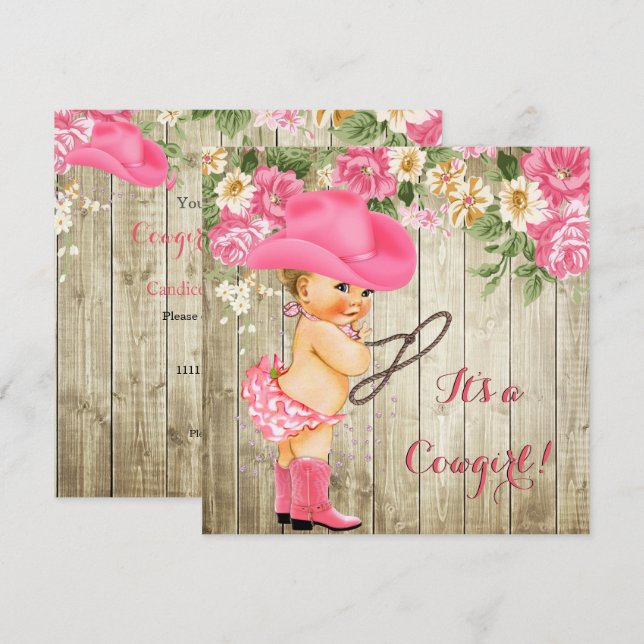 Convites Chá de fraldas Rosa Boots Floral Blona Bebê (Frente/Verso)