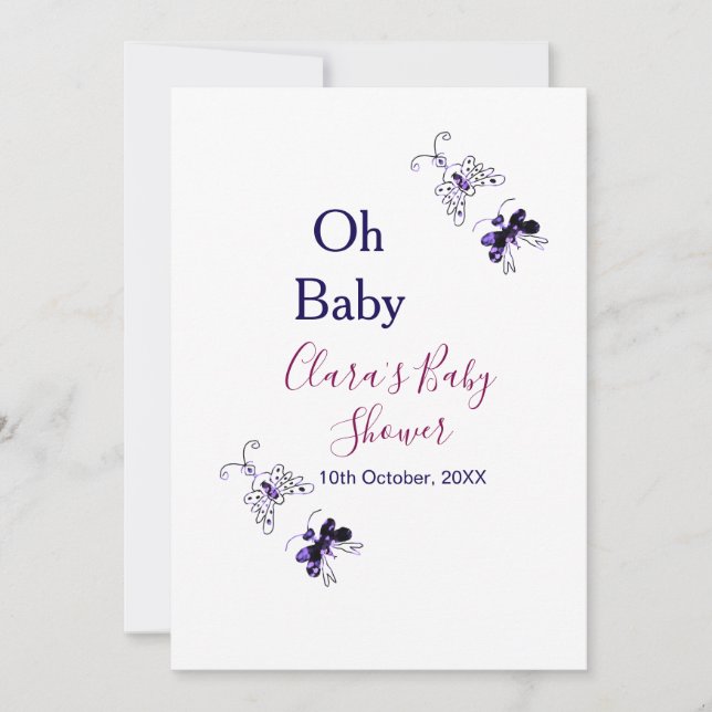 Convites Chá de fraldas rosa-borboleta roxa oh bebê moderno (Frente)