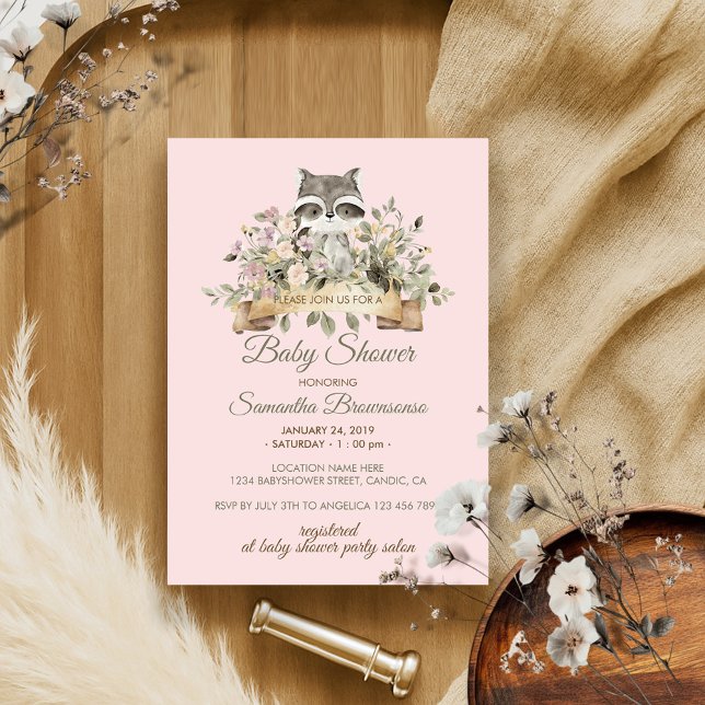 Convites Chá de fraldas Rosa Botânico Raccoon (Criador carregado)