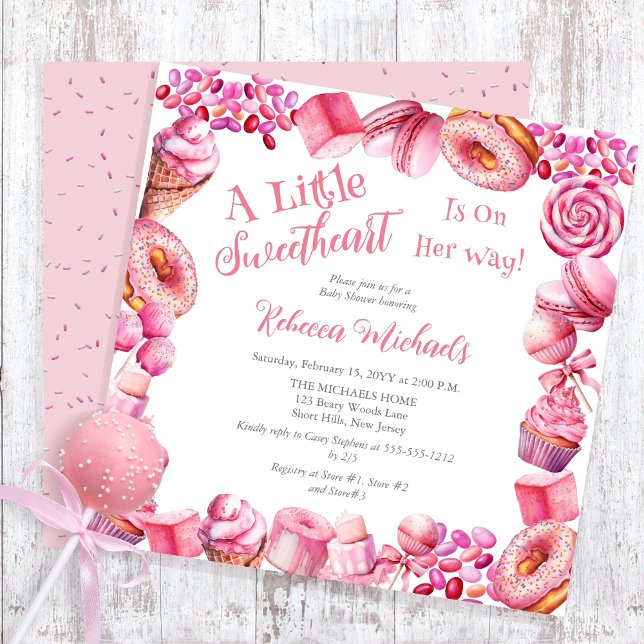 Convites Chá de fraldas Rosa Candy Frame Girl (A Little Sweetheart Candy Frame Girl Baby Shower Square Invitation)