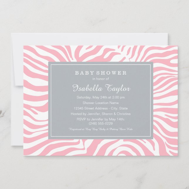 Convites Chá de fraldas Rosa-Chic e Cinza Zebra Stripe Garo (Frente)