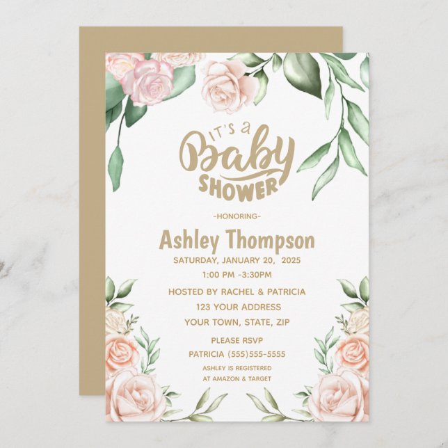 Convites Chá de fraldas Rosa Cor de Água Floral (Frente/Verso)